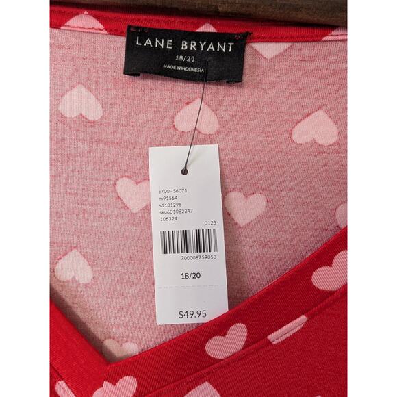 Lane Bryant Women Red Pink Heart Print Front Ruched Top Size 18/20 V Neck Peplum - Picture 4 of 8